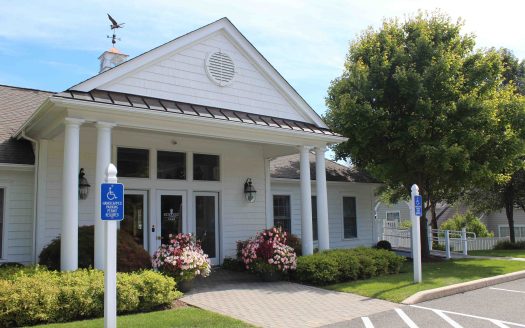 Front entrance to Newbury Village clubhouse in Brookfield, CT